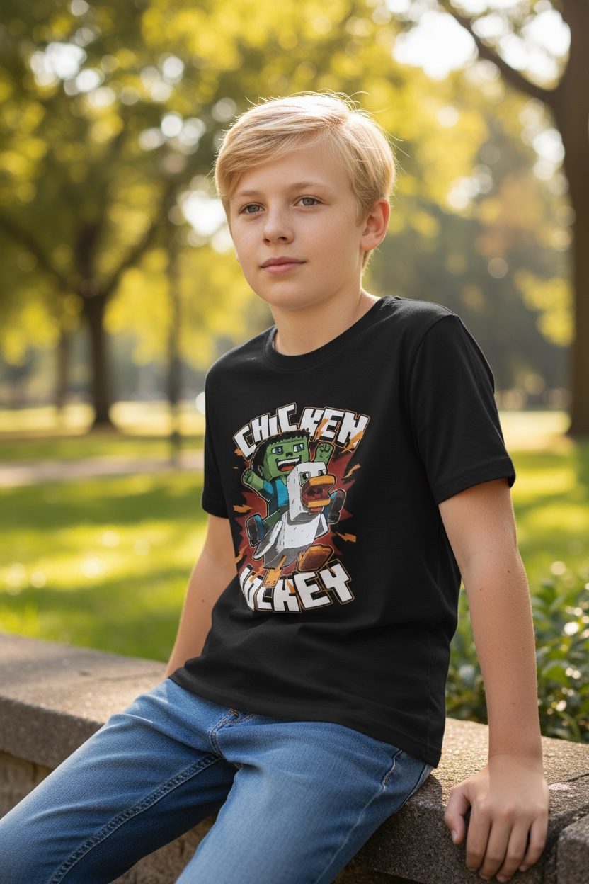 Boys' Chicken Jockey T-Shirt - Size 13-14 - Black - Pre-Loved